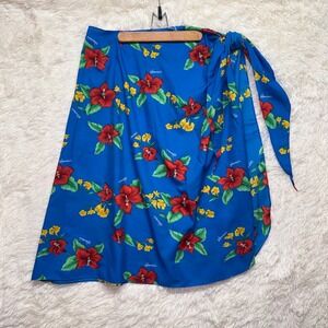 Helenas Hawaii Sarong Blue Tropical Hibiscus Floral Wrap‎ Skirt OSFA Made in USA